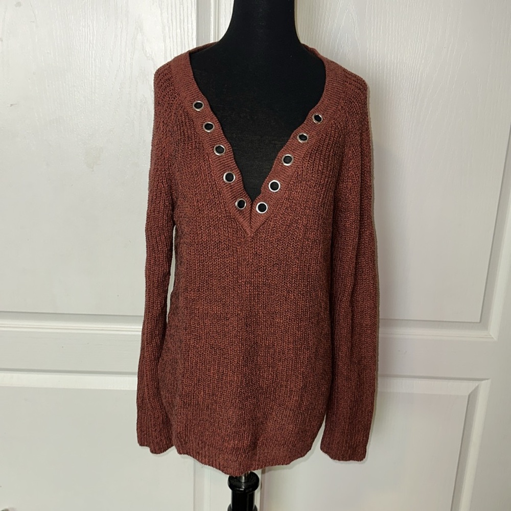 AFFLICTION RED MARLED GROMMET V NECK KNIT SWEATER